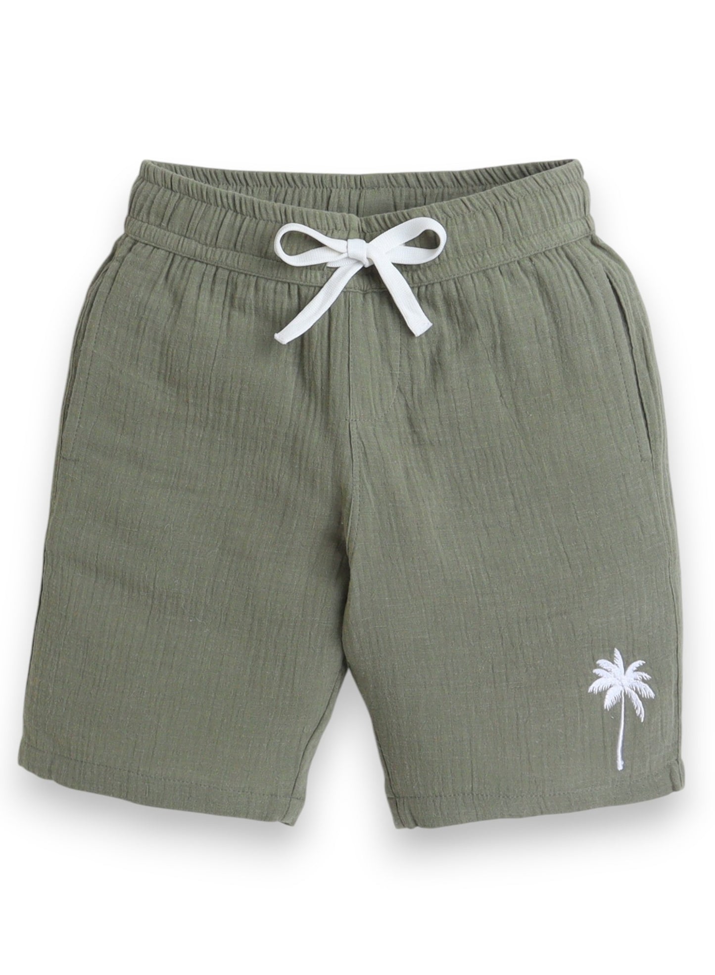 Boys' Casual Cotton Shirt & Shorts Set with pocket Embroidery Motif – Short Sleeve Outfit - Olive