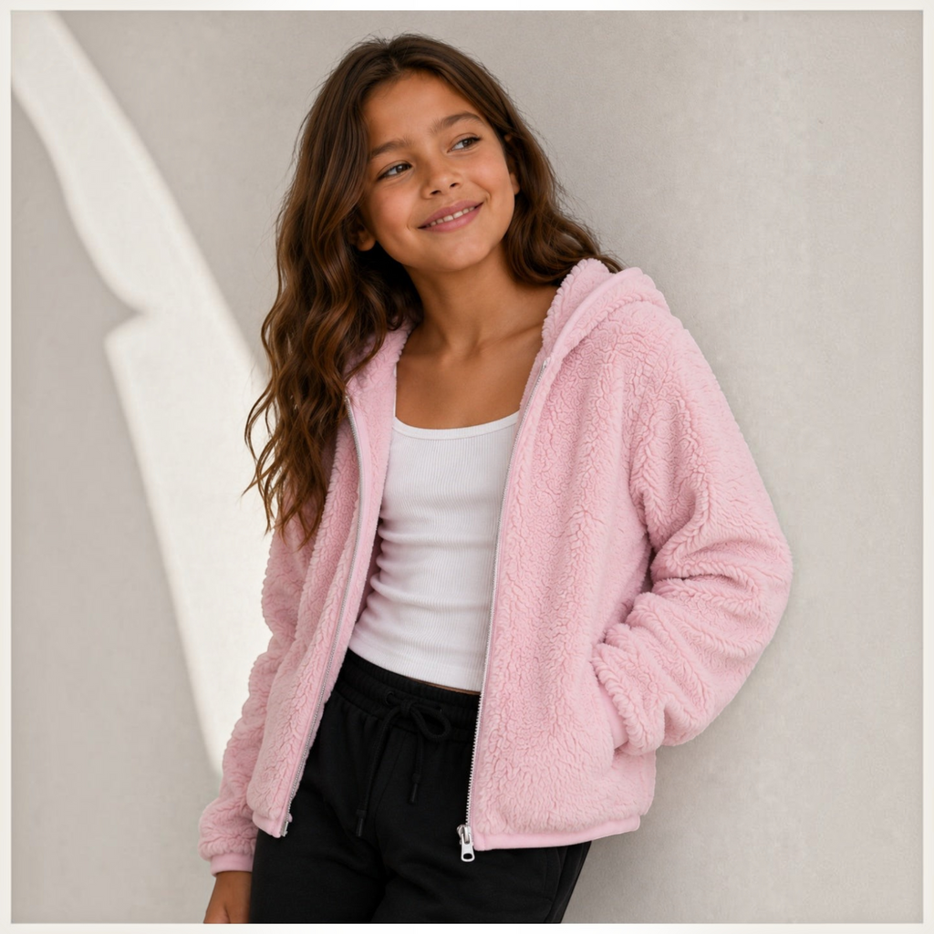victor and jane girls pink faux fur full zip hoodie jacket worn by a smiling girl over a white tank top