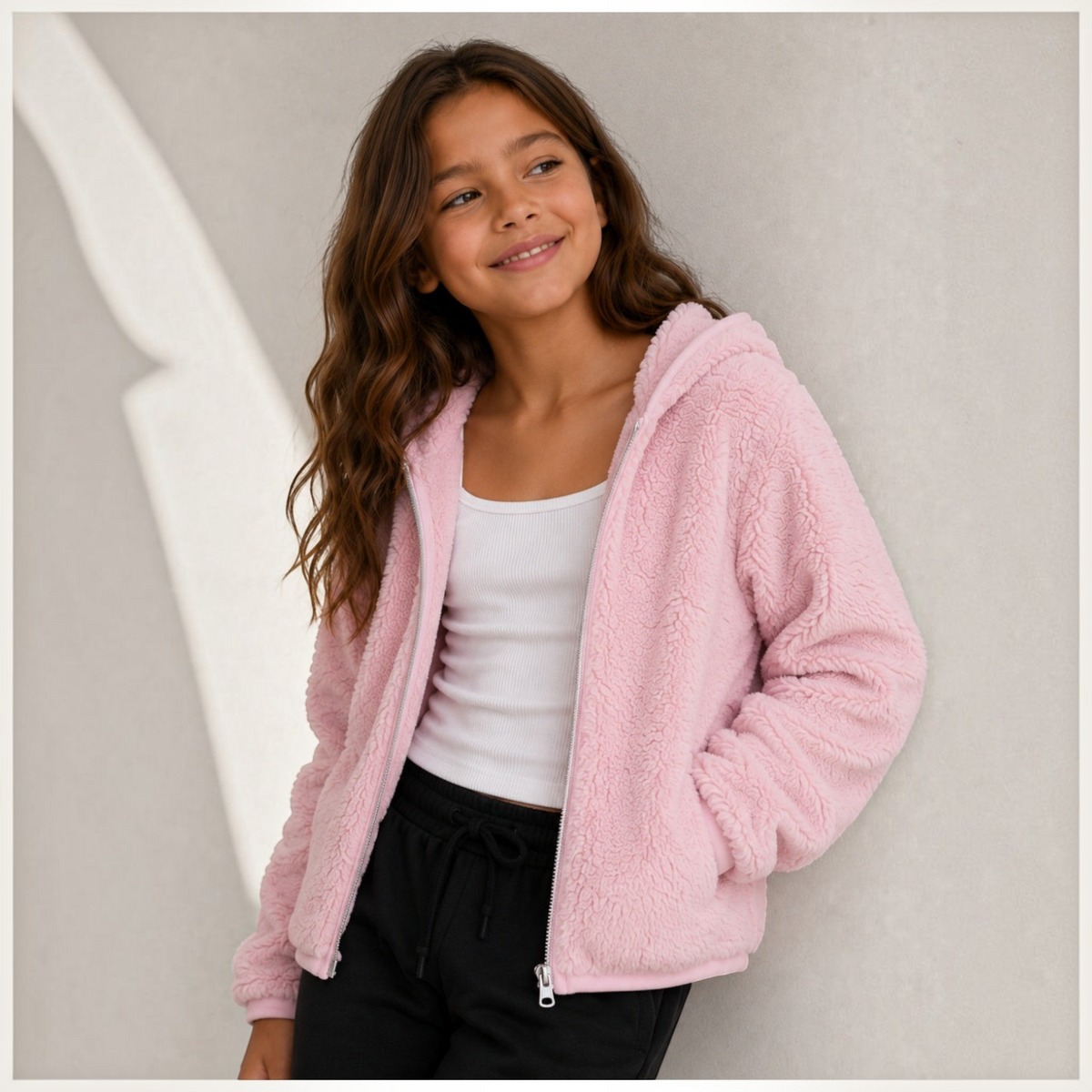 victor and jane girls pink faux fur full zip hoodie jacket worn by a smiling girl over a white tank top