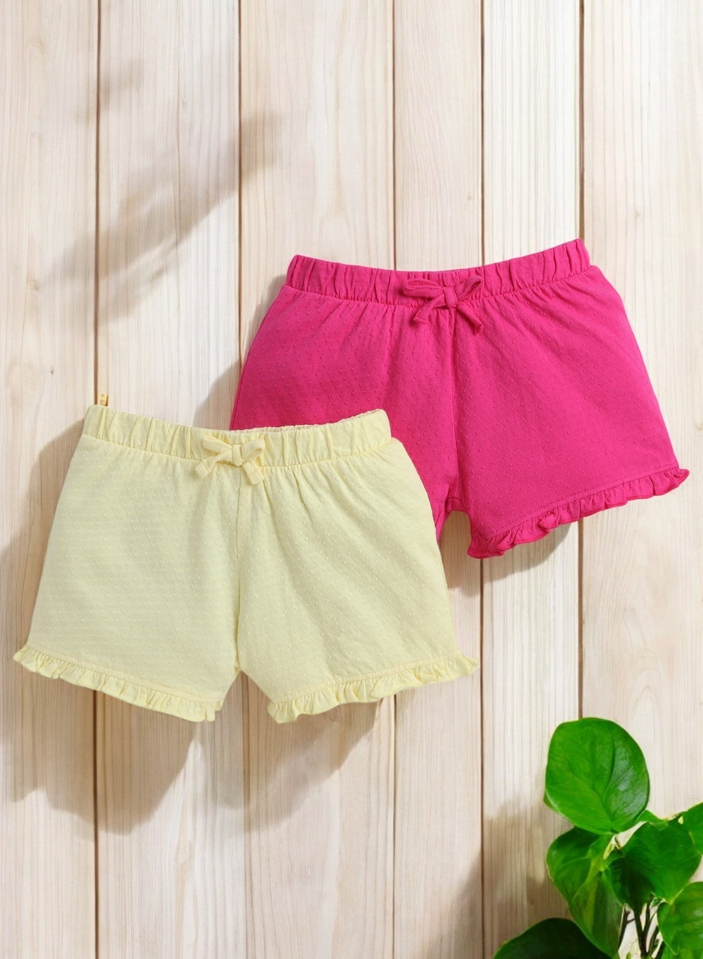 Girls' Jacquard Shorts With Elasticated Waistband And Ruffle Trim- Pink And Yellow-Pack Of 2