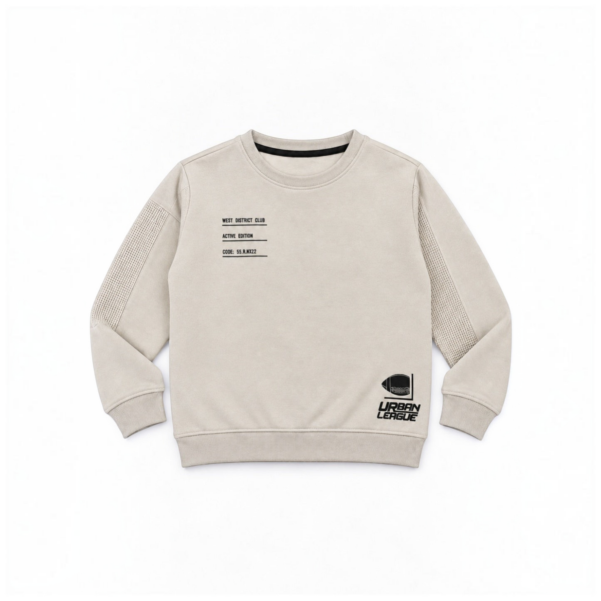 victor and jane boys beige fleece sweatshirt with Urban League graphic print and textured sleeve panels