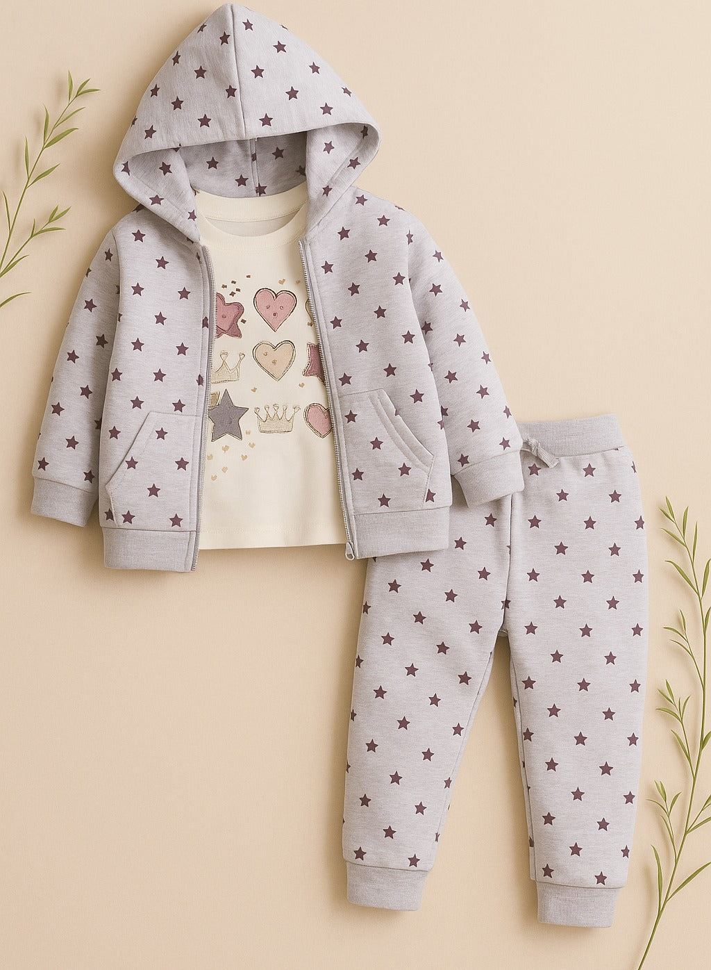 Baby Girl Heart & Star Cotton Fleece 3-Piece Set – Light Grey & Pink