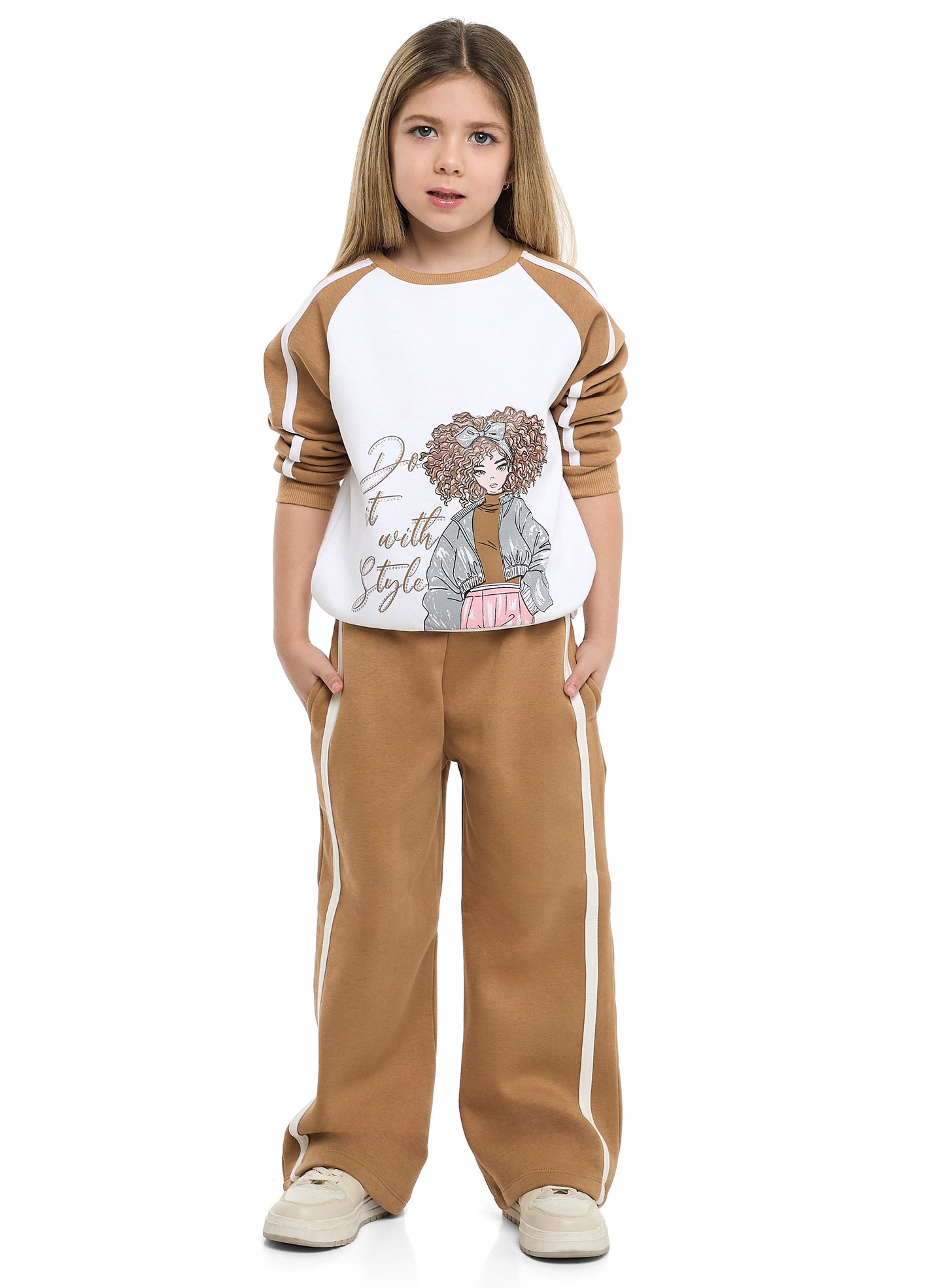 Girls Do It with Style Fleece Tracksuit – Cream & Brown 2-Piece Set