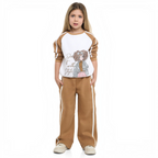 Young girl wearing a victor and jane two-piece set featuring a brown and white sweatshirt and matching wide-leg pants