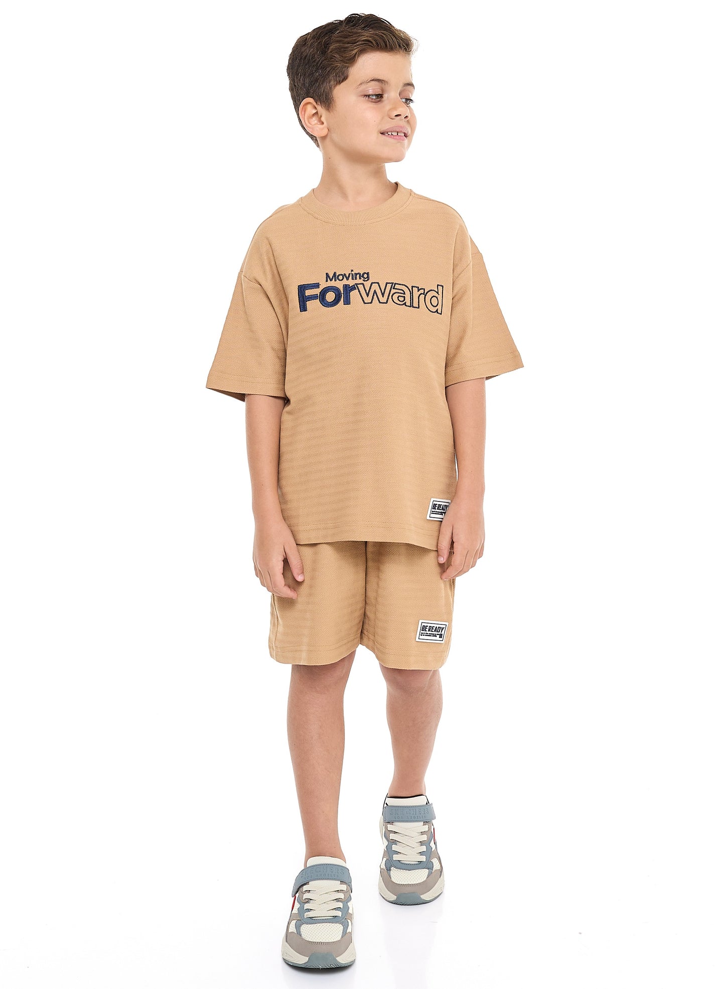 Victor and Jane Boys' Jacquard Set – Sand Colour Striped Design with Textured Material