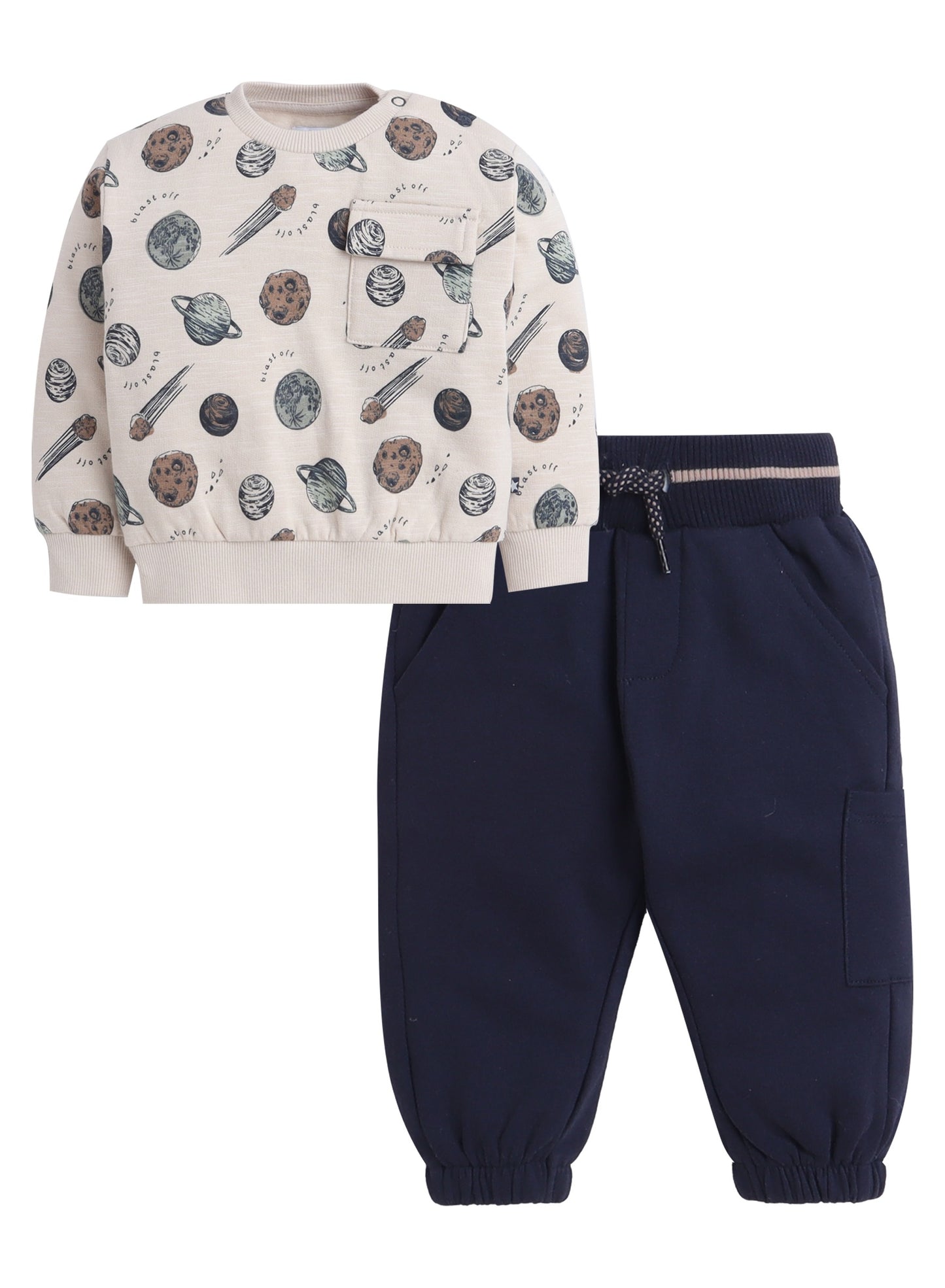 Boys Planet Cargo Fleece Tracksuit – Cream & Navy 2-Piece Set