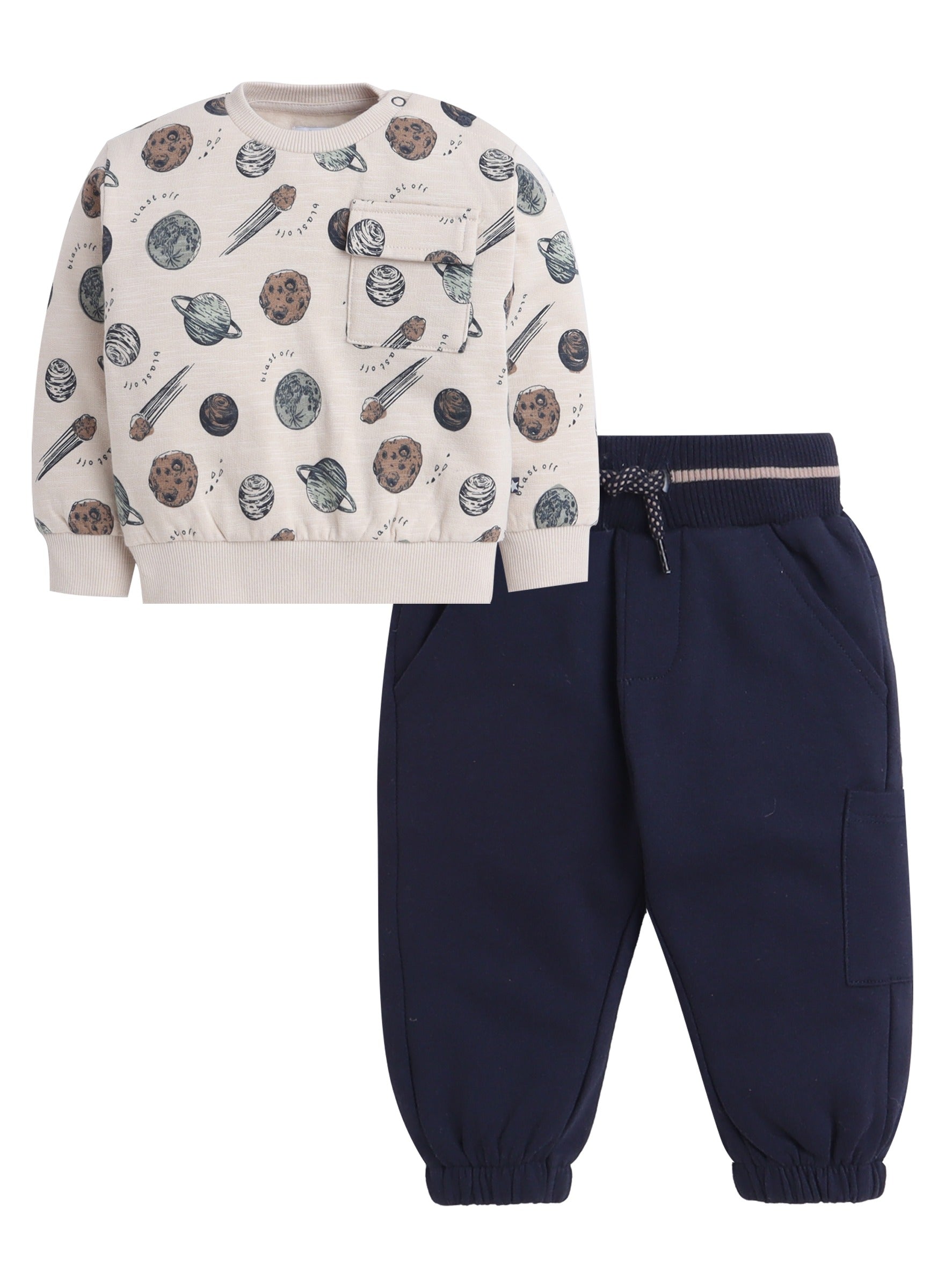 Dirkje Cotton Space Theme Print Full Sleeves Sweatshirt & Joggers Set - Off White/Navy