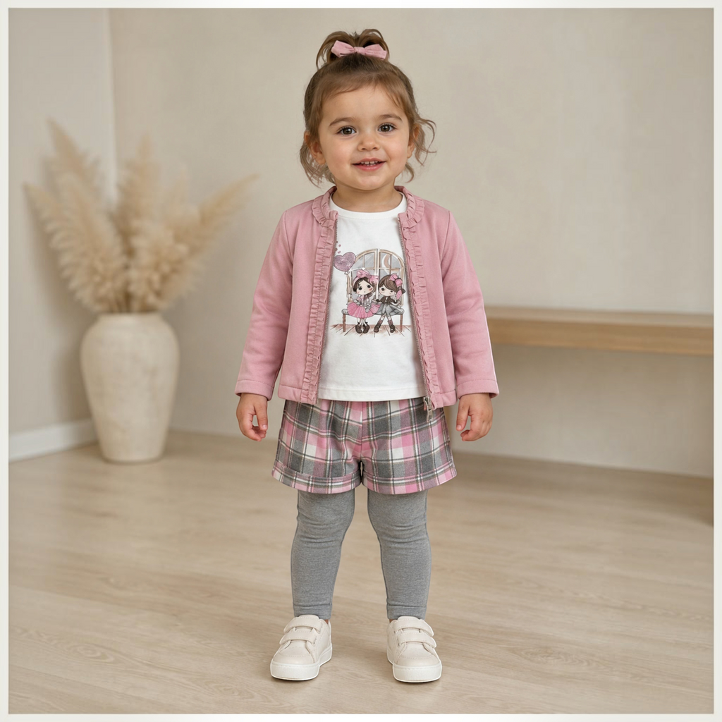 victor and jane 4-piece girls set with pink cardigan, graphic top, plaid skirt, and grey leggings on a toddler