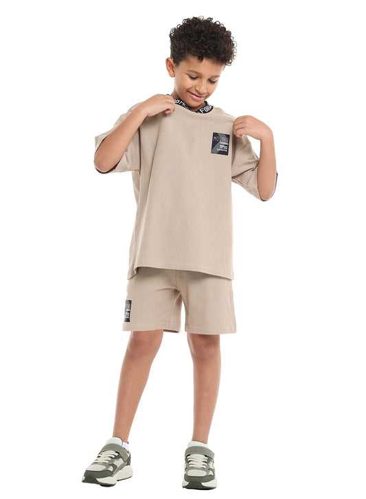 Victor and Jane Boys' Cord Set – Beige T-Shirt and Shorts Outfit with Label Detail