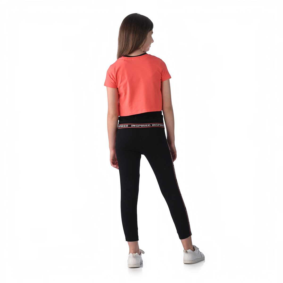 victor and jane 2-piece set featuring a coral cropped t-shirt and black leggings with inspired logo waistband