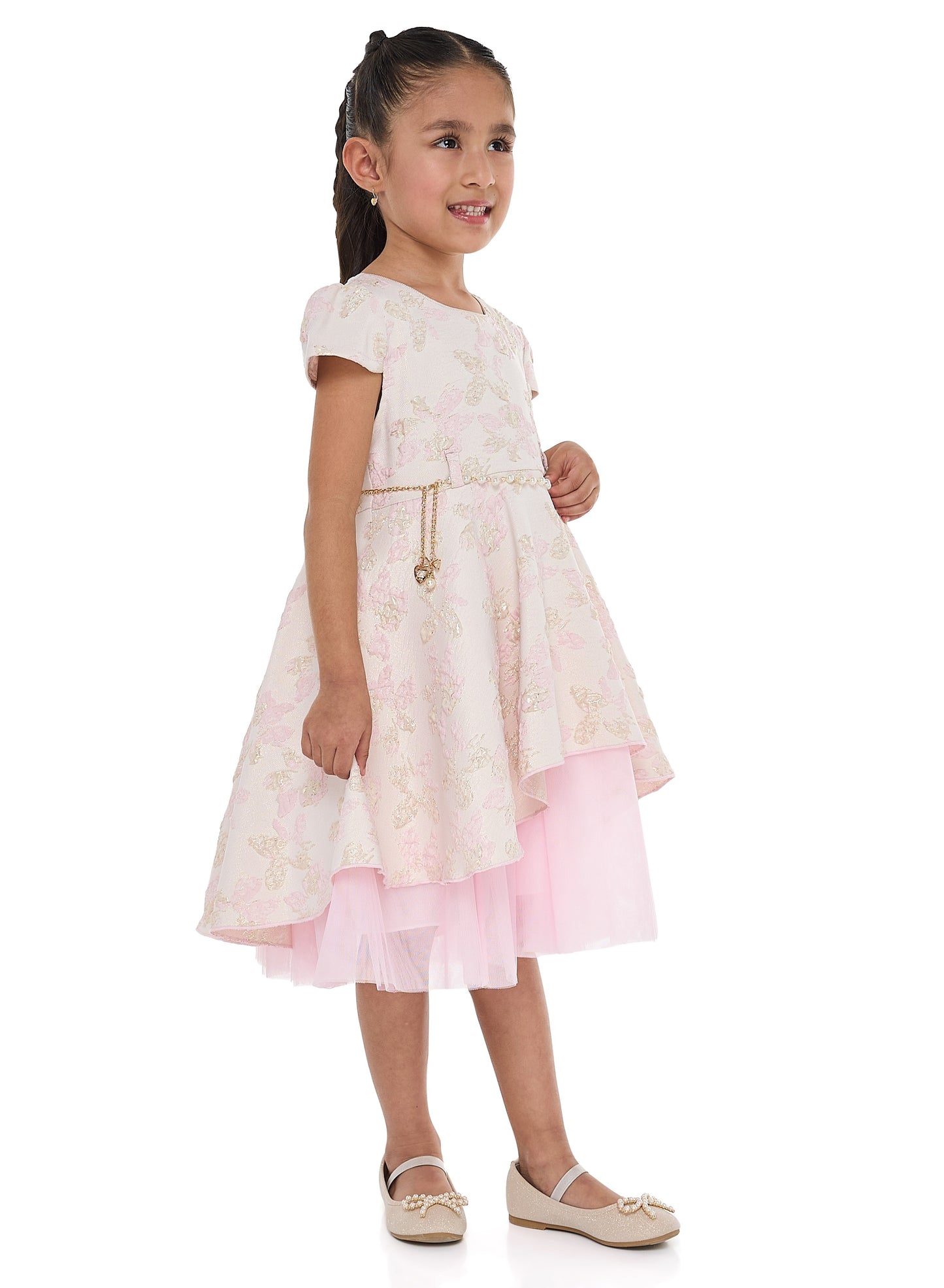 Girls Elegant Pink/Gold Jacquard & Tulle Party Dress
