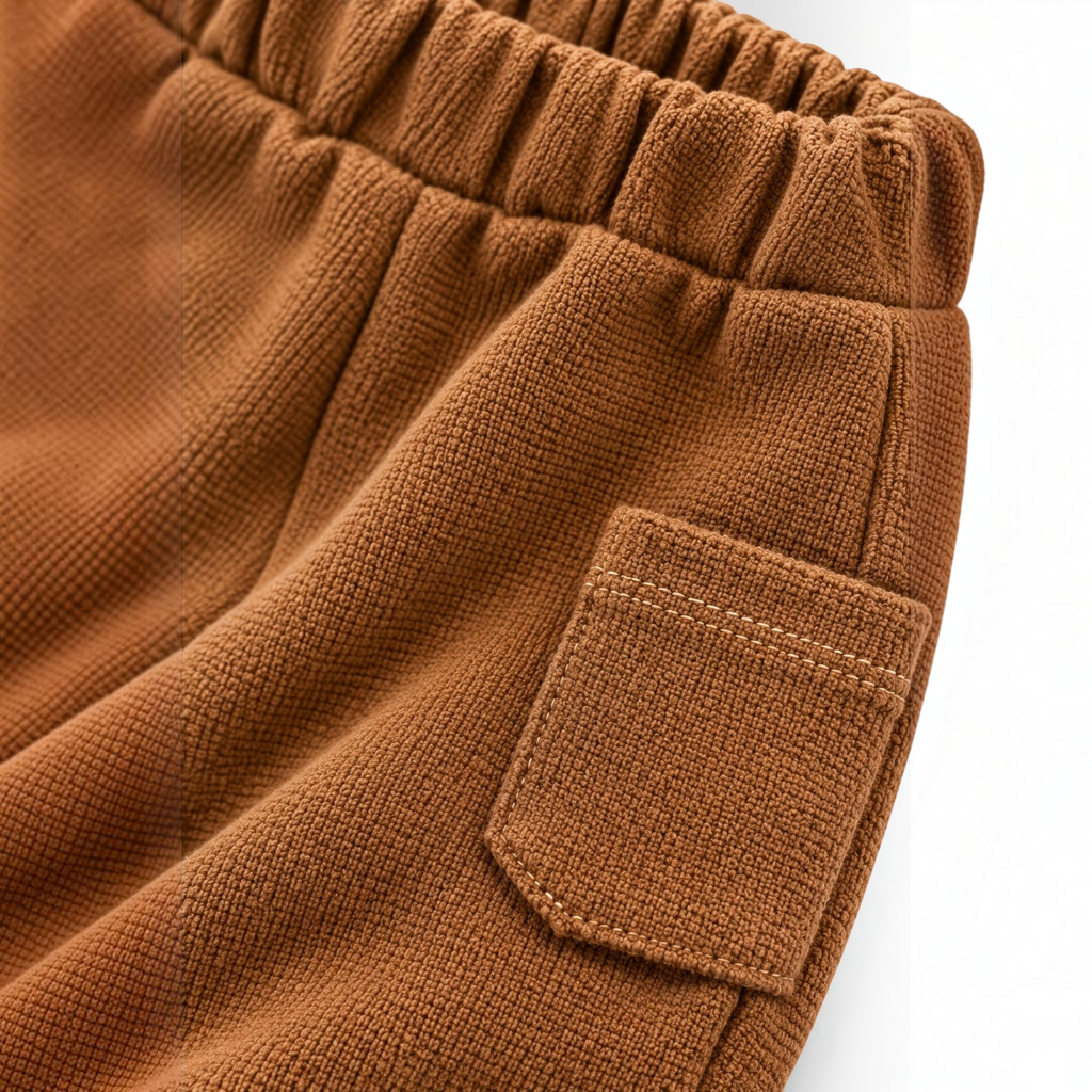 Close-up of brown knit cargo pants from victor and jane featuring an elastic waistband and a patch pocket.