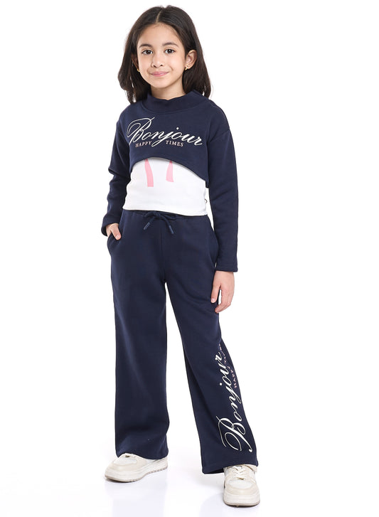 Junior Girls Bonjour 3-Piece Fleece Set – Navy & White