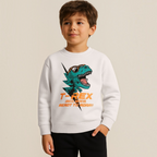 A young boy wearing a white victor and jane graphic sweatshirt featuring a cool T-Rex print with sunglasses.