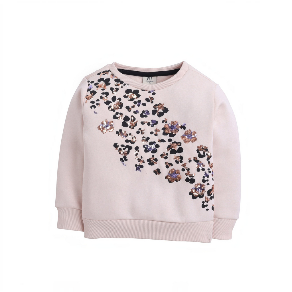 victor and jane girls light pink sweatshirt featuring a diagonal pattern of sparkling floral and leopard print sequins