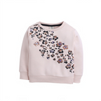victor and jane girls light pink sweatshirt featuring a diagonal pattern of sparkling floral and leopard print sequins