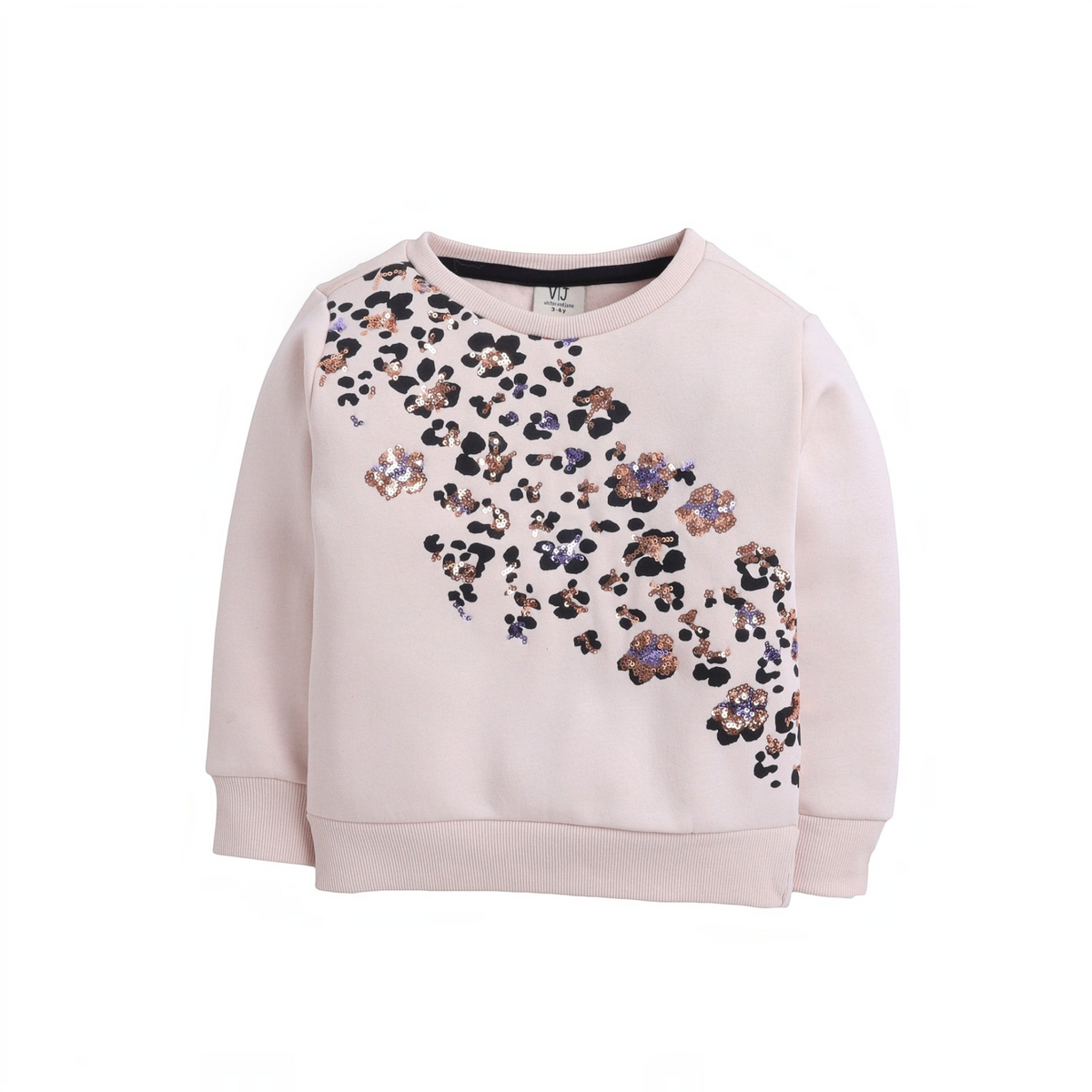 victor and jane girls light pink sweatshirt featuring a diagonal pattern of sparkling floral and leopard print sequins