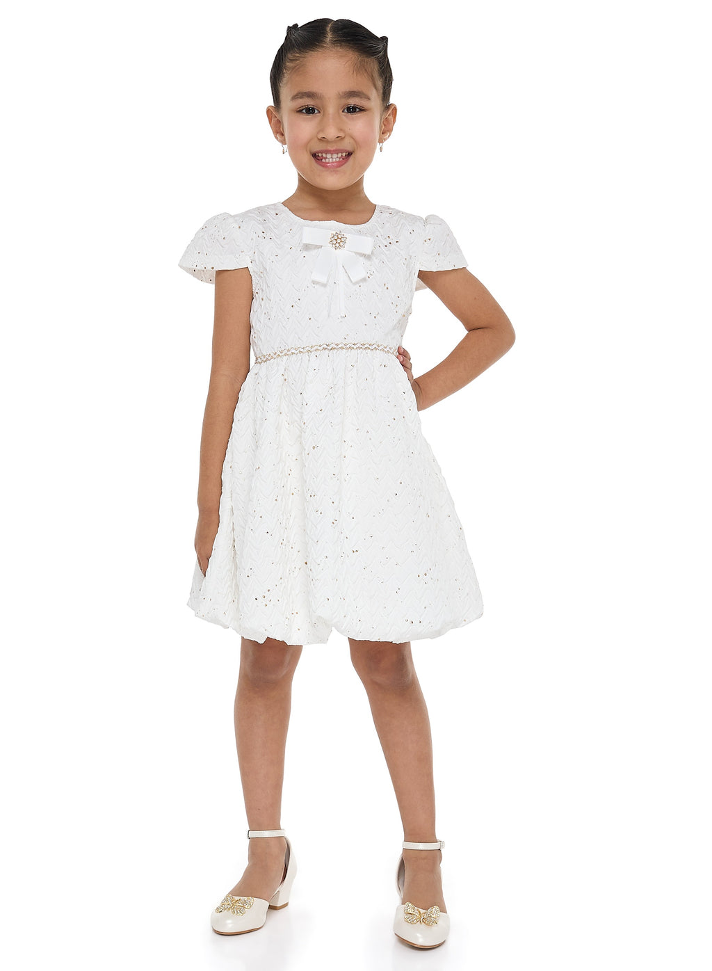 Ivory/Gold Bow Jacquard Dress