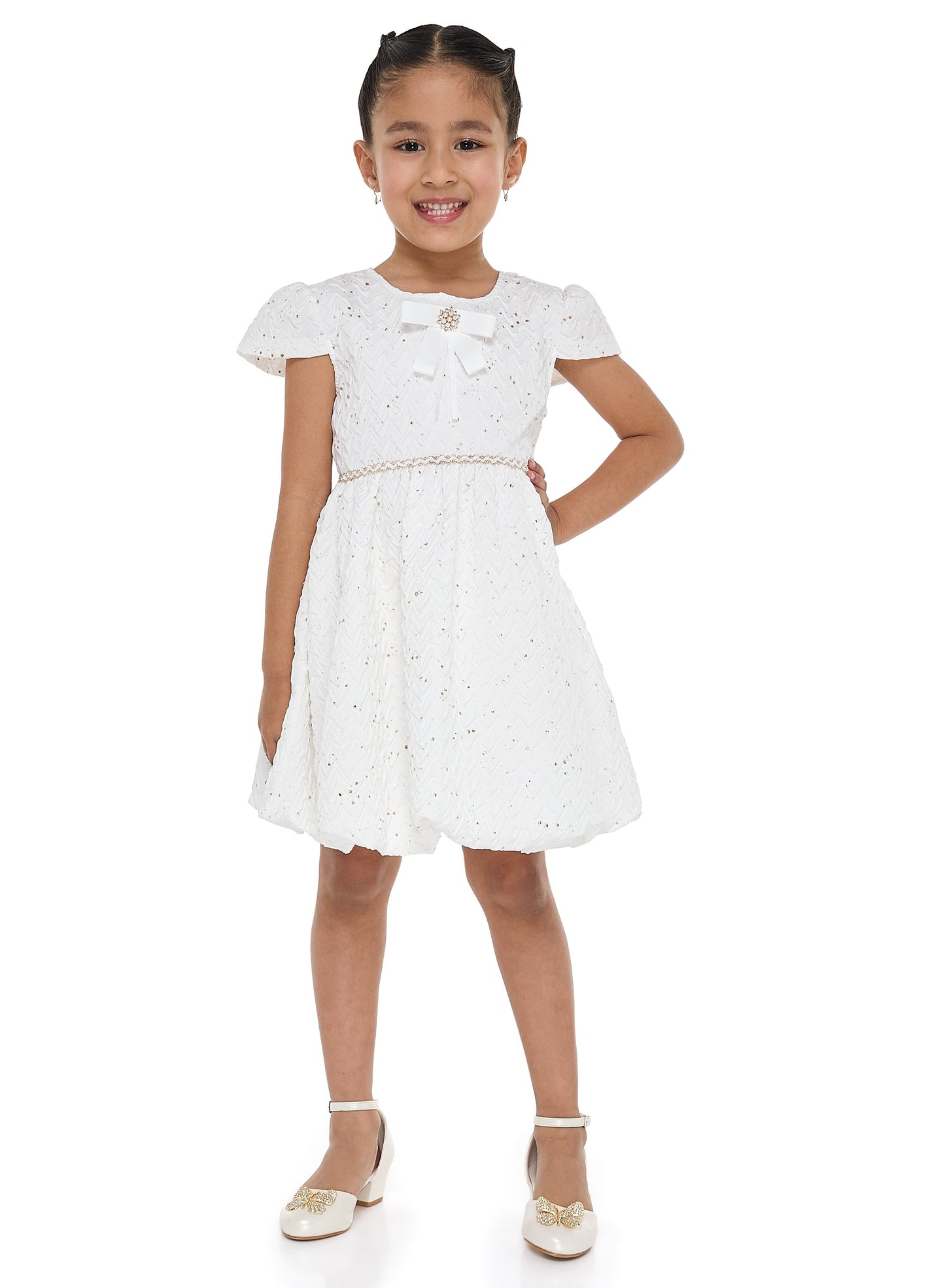 Ivory/Gold Bow Jacquard Dress