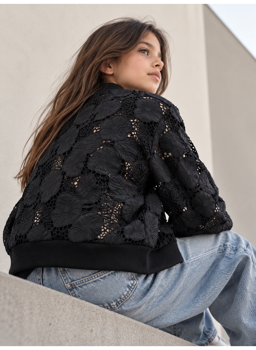 Girls Floral Lace full Zip Bomber Casual Jacket