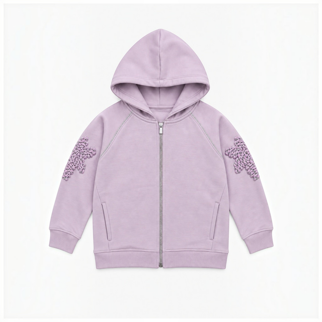 victor and jane girls lavender full zip fleece hoodie with decorative textured floral sleeve appliqués