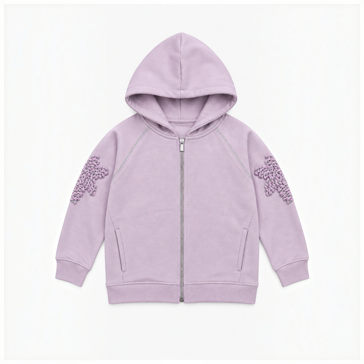 victor and jane girls lavender full zip fleece hoodie with decorative textured floral sleeve appliqués