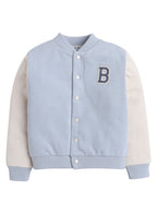 Dirkje Cotton Super Hockey League Patched Printed & Striped Bomber Jacket With T-Shirt And Joggers Set - White/Blue