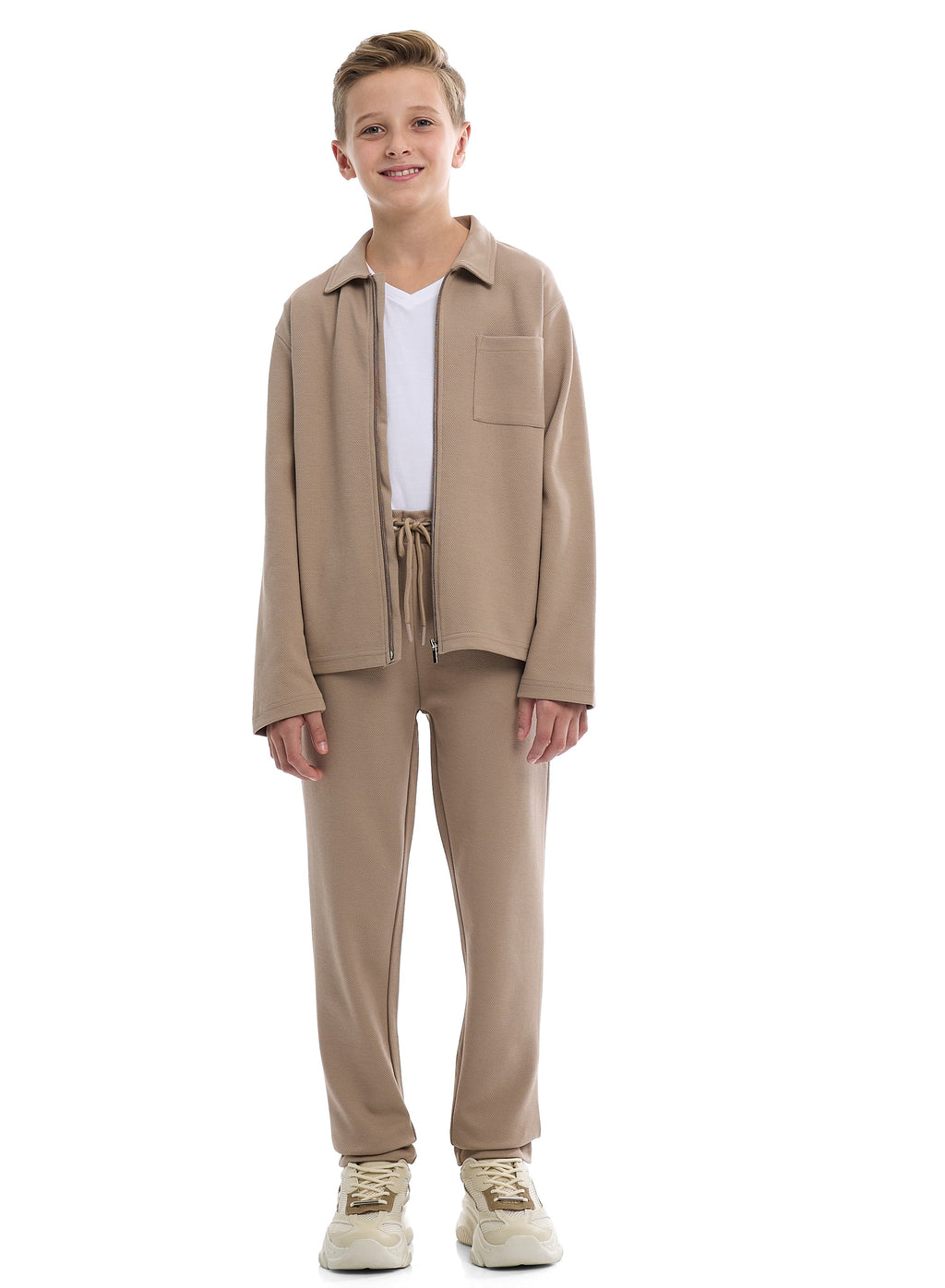 Boys Beige Twill Shirt-Style Co-Ord Set With Front Pockets &Amp; Zip Closure “ Smart Casual Outfit