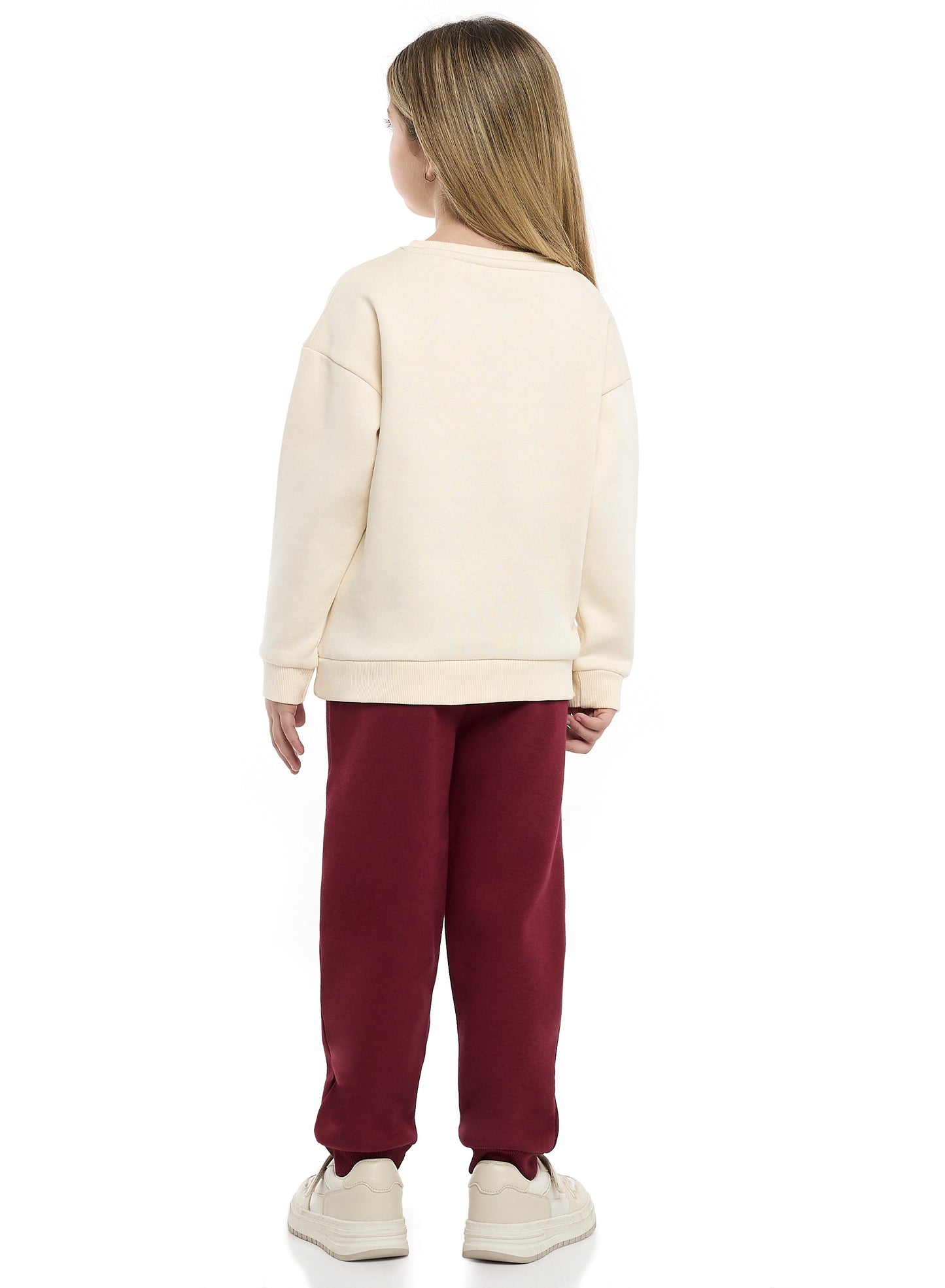 Girls Teddy Love Fleece Tracksuit – Cream & Burgundy 2-Piece Set