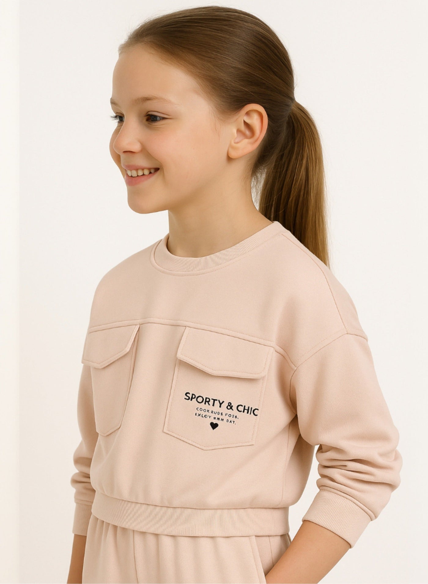 Girls Cargo Pocket Fleece Tracksuit “ Pink 2-Piece Set
