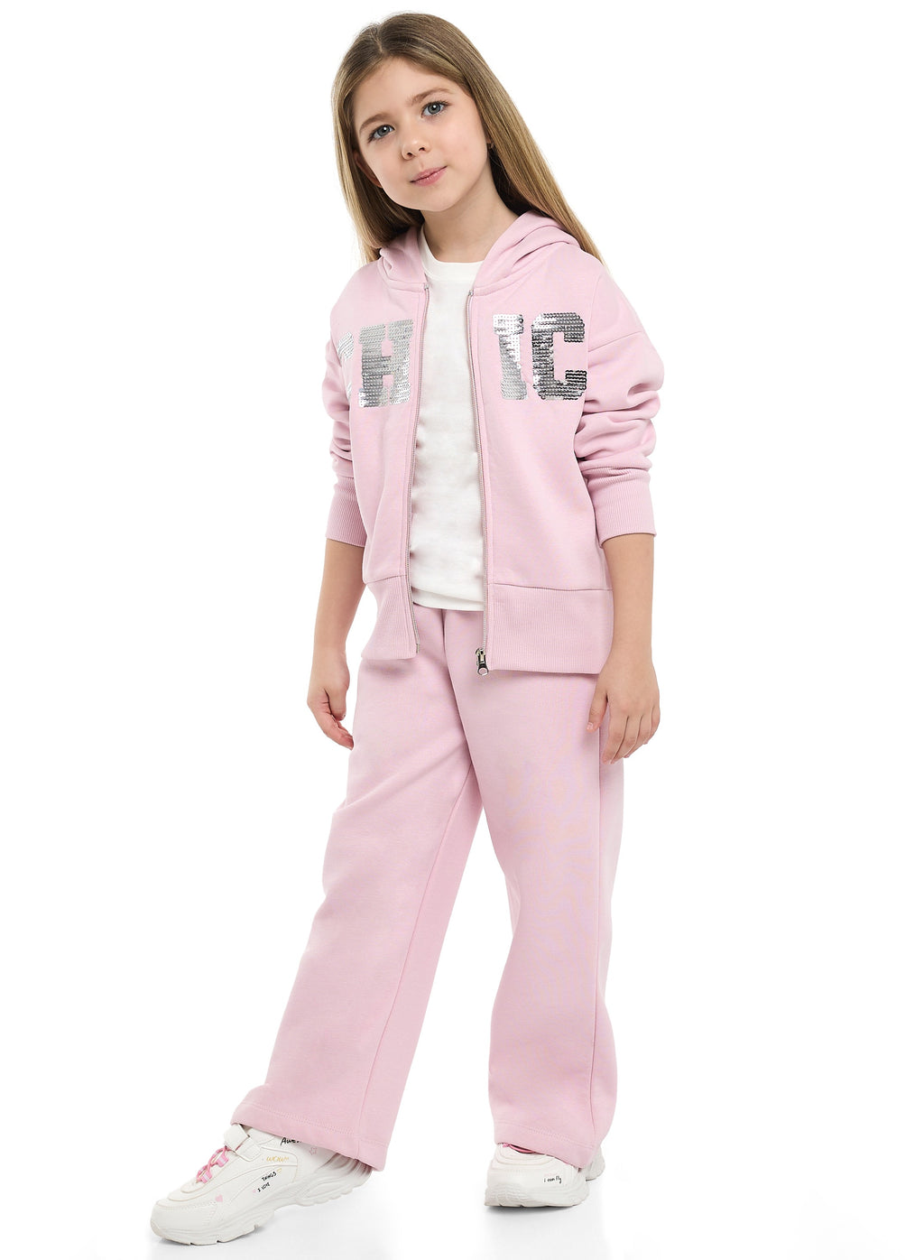Girls Chic Sequin Fleece Tracksuit “ Pink 2-Piece Set