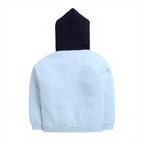 Back view of a victor and jane boys hoodie featuring a light blue body and a contrasting dark navy blue hood