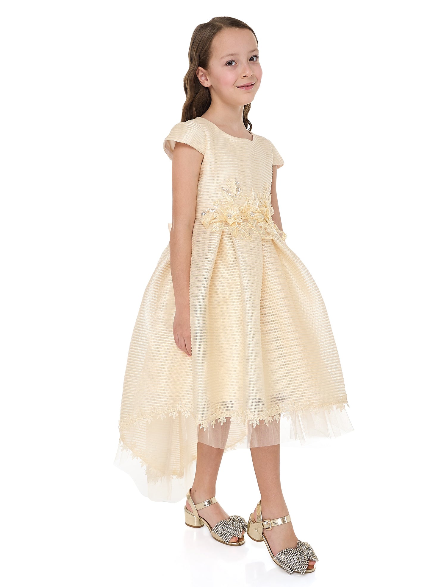 Girls Champange High Low Tail Dress With 3D Applique