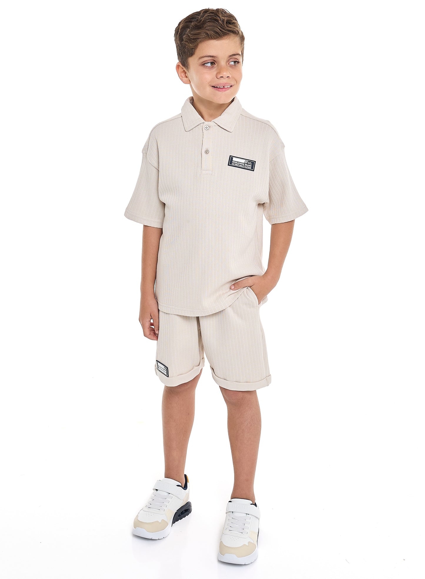 Victor and Jane Boys' Beige 2-Piece Jacquard Set with Pockets