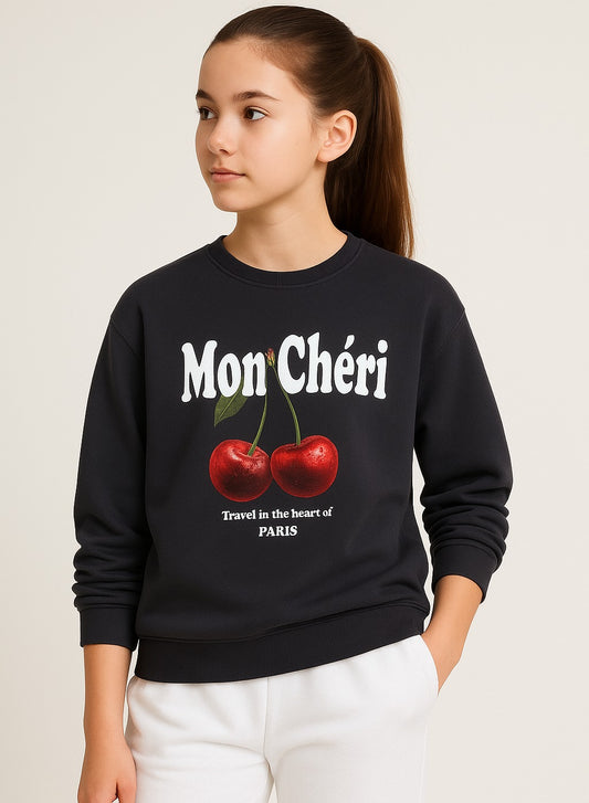 Mon Chéri Cherry Print Sweatshirt – 100% Cotton Fleece | Puff Print |