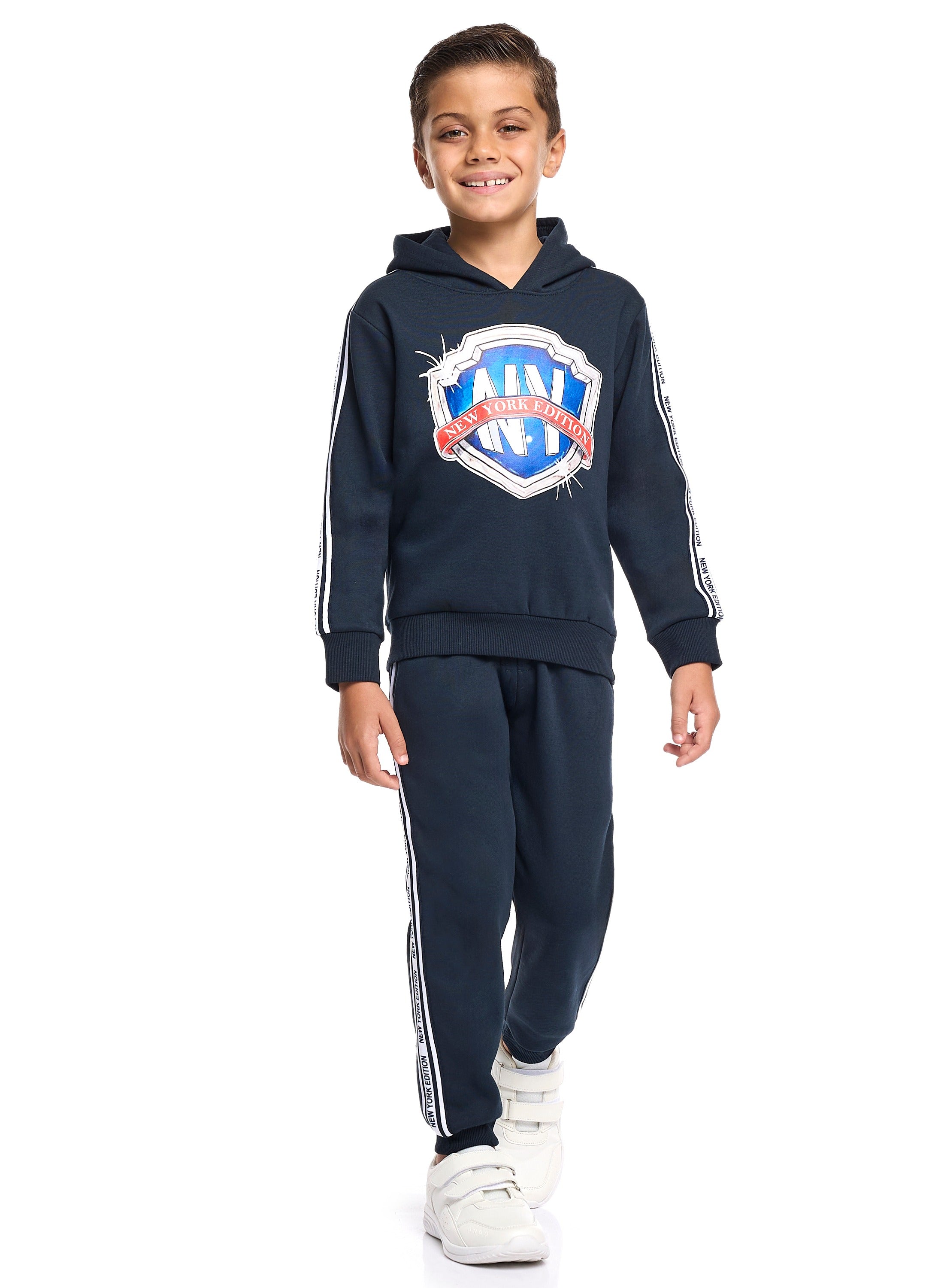 Victor And Jane Cotton Ny Badge Graphic & Side Tape Detailed Full Sleeves Hoodie & Joggers Co-Ord Set - Navy Blue