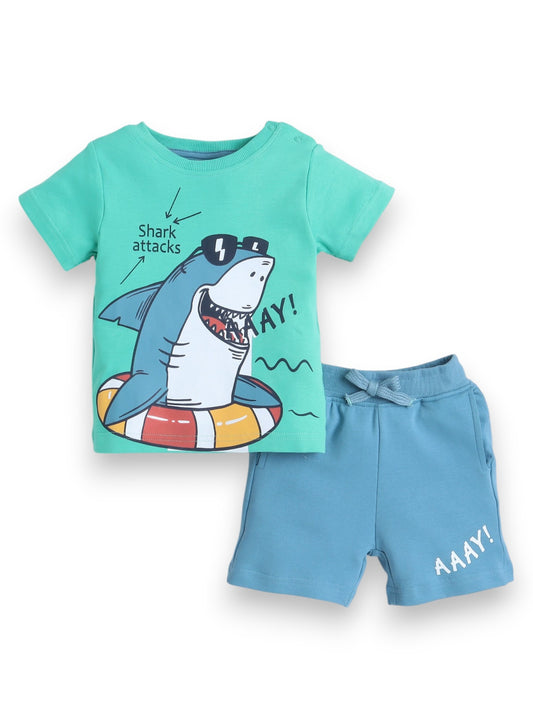 Victor and Jane Infant 2PC Set, Green T-Shirt with Cute Shark And Blue Shorts