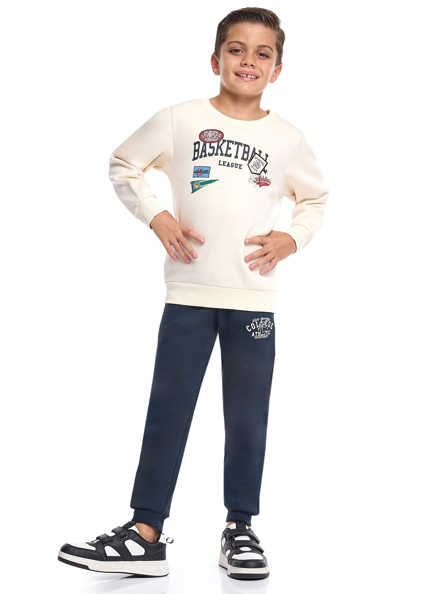 Boys’ Basketball League Fleece Set – Cream Sweatshirt & Navy Joggers