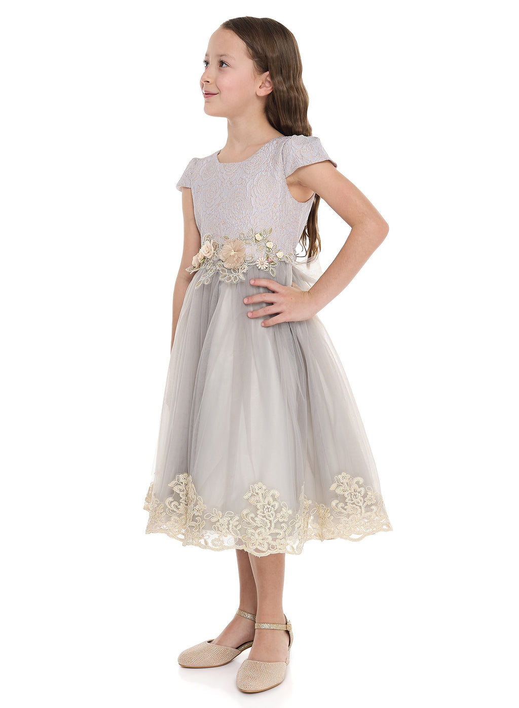 Grey/Gold Jacquard And Tulle Dres With Lace