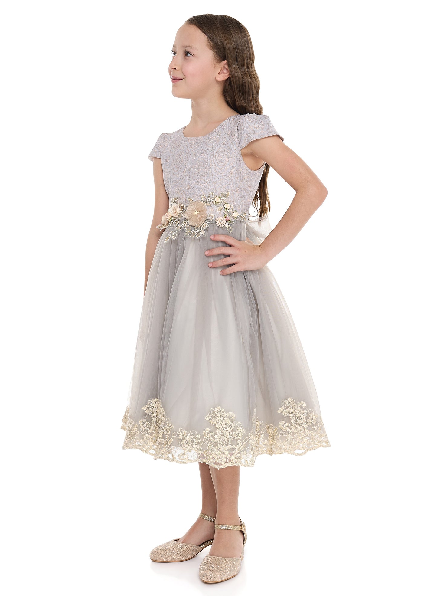Grey/Gold Jacquard And Tulle Dress With Lace