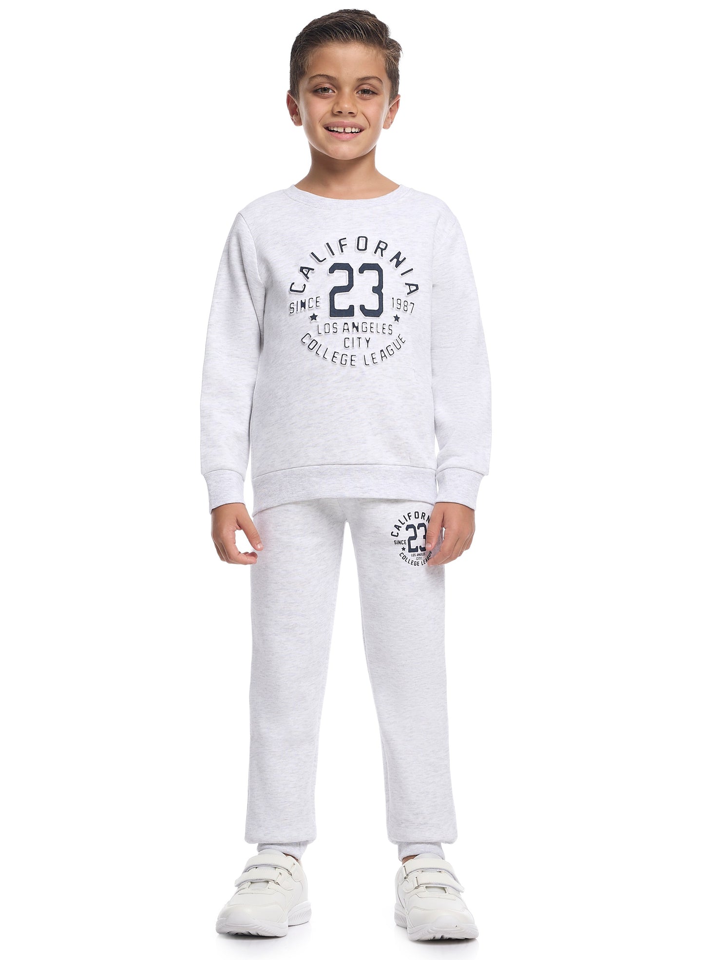Boys’ Trendy Winter Co-ord Set – California Print in Soft Grey Melange