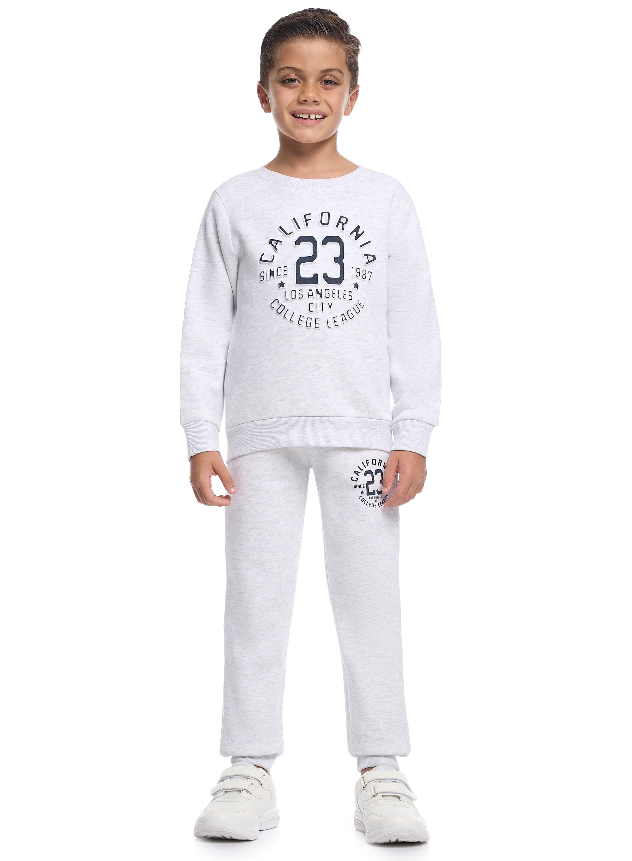 Victor And Jane Cotton California 23 Graphic Full Sleeves Sweatshirt & Joggers Co-Ord Set - Grey Melange