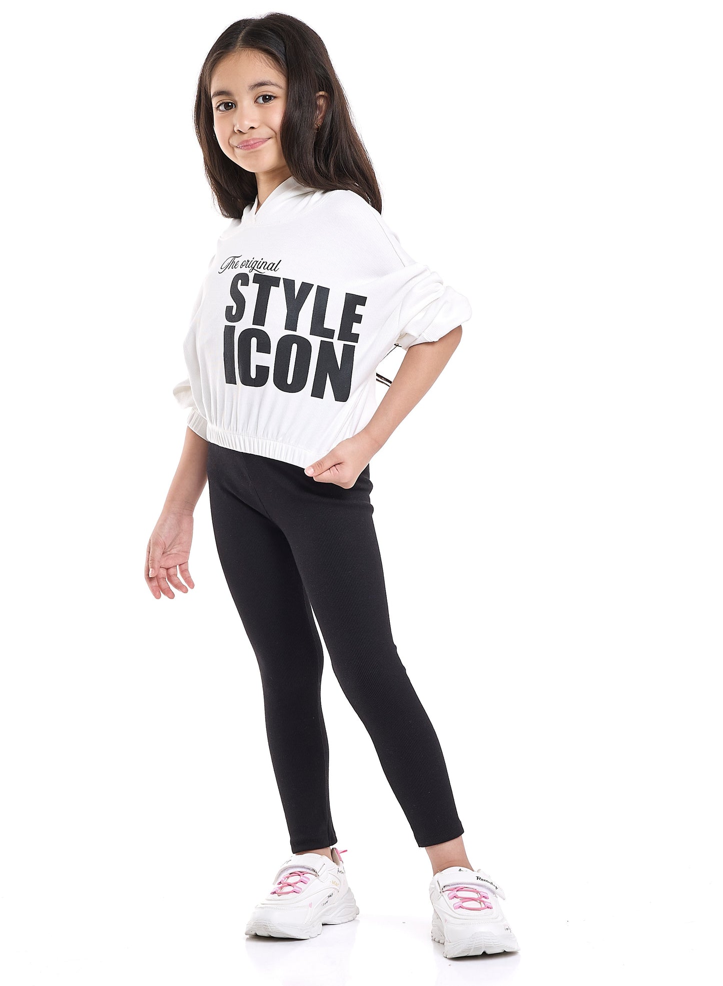 Girls Style Icon Fleece Tracksuit – Cream & Black Pinstripe 2-Piece Set