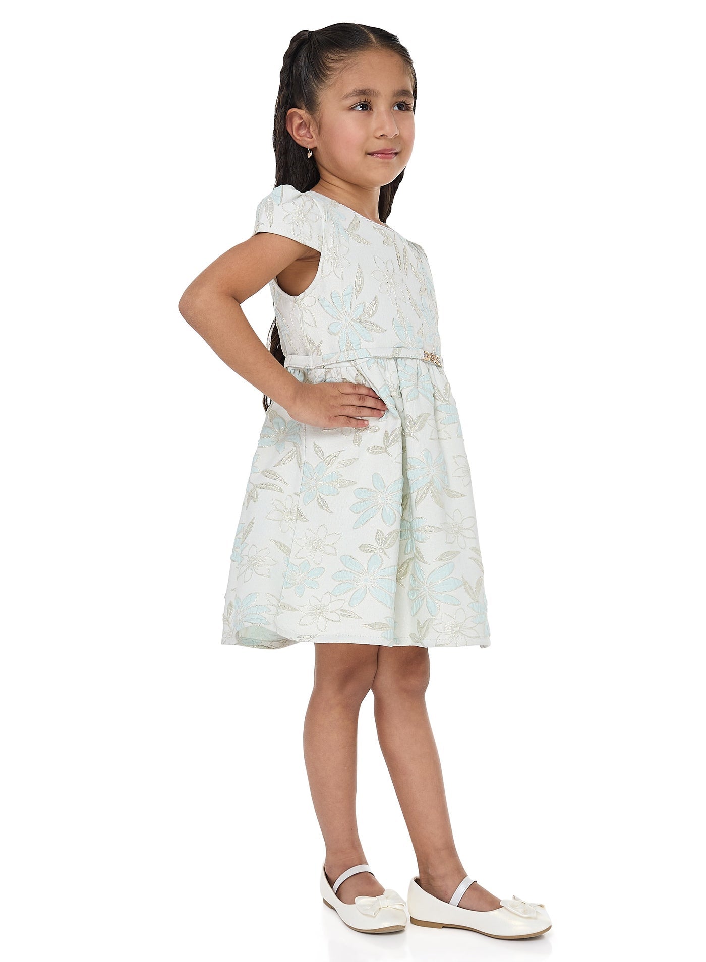 Girls Elegant Green/Gold Jacquard & Tulle Party Dress