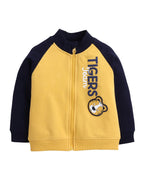 Victor And Jane Cotton Fleece Tigers Team Graphic Full Sleeves Jacket And Joggers Set With T-Shirt - Navy Blue/Yellow/White