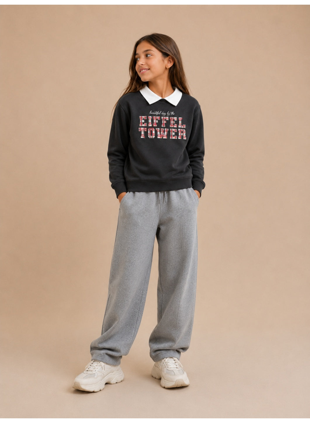 Girls Collared "Eiffel Tower" Print Pullover with Collar