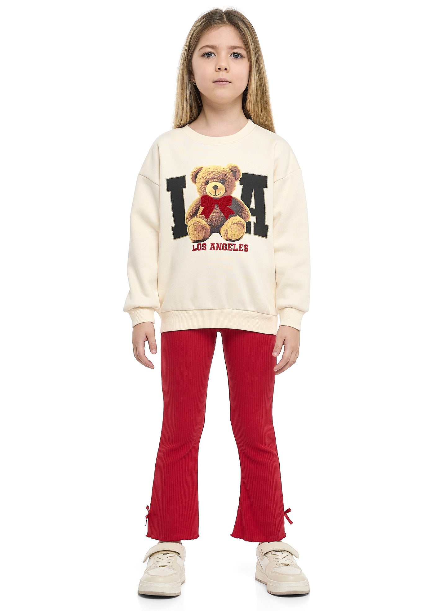 Girls LA Teddy Fleece Tracksuit – Cream & Red 2-Piece Set