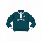 victor and jane boys' dark green fleece pullover with a white collared button placket and Best League graphic