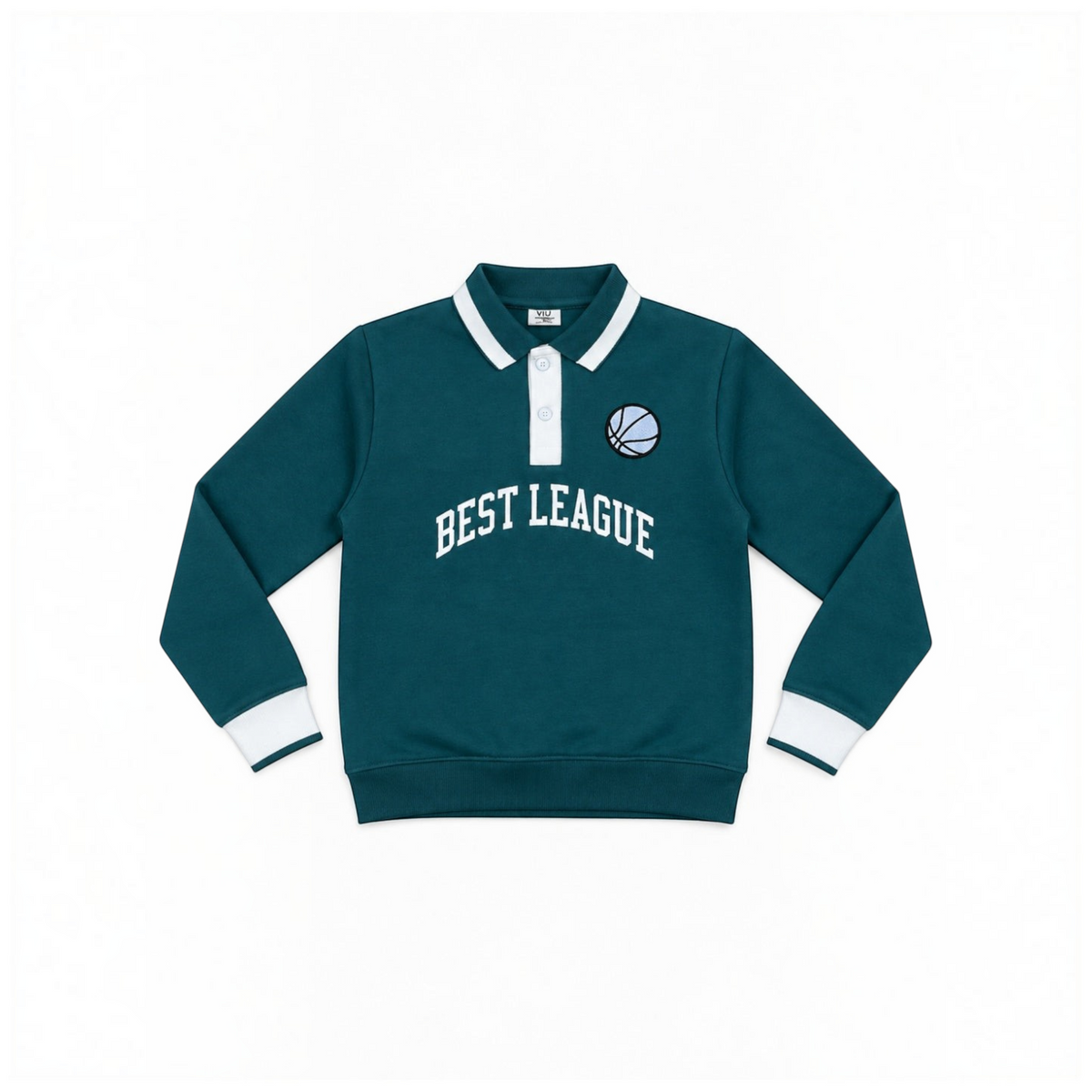 victor and jane boys' dark green fleece pullover with a white collared button placket and Best League graphic