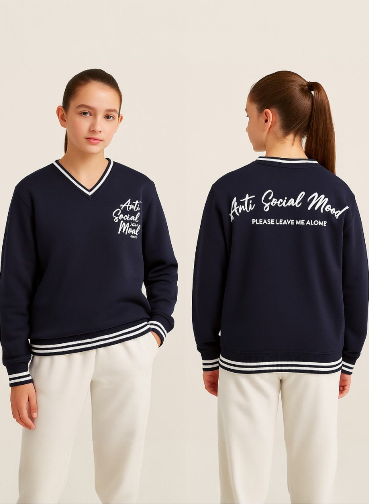 V-Neck "Anti Social Mood" Sweatshirt – Navy | 100% Cotton Fleece |